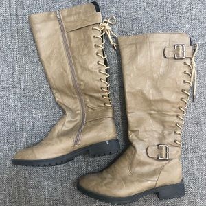 Khaki Lace Up Corset Buckle Knee-High Boots